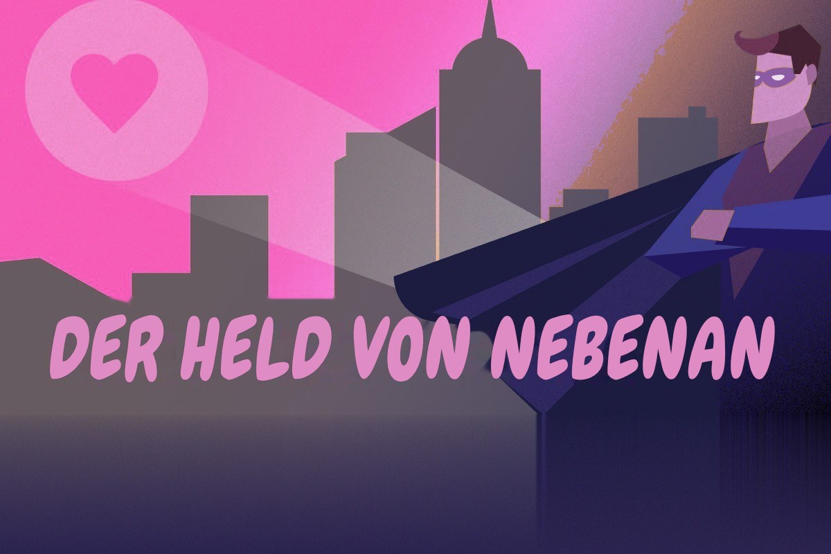 Illustration eines maskierten Helden mit Umhang, der über die Skyline einer Stadt blickt
