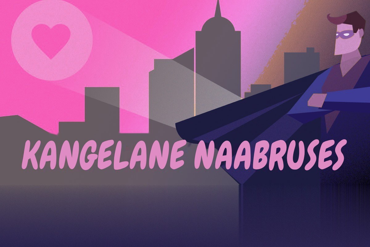 Illustratsioon keebis maskiga kangelasest, kes vaatab üle linna siluetti