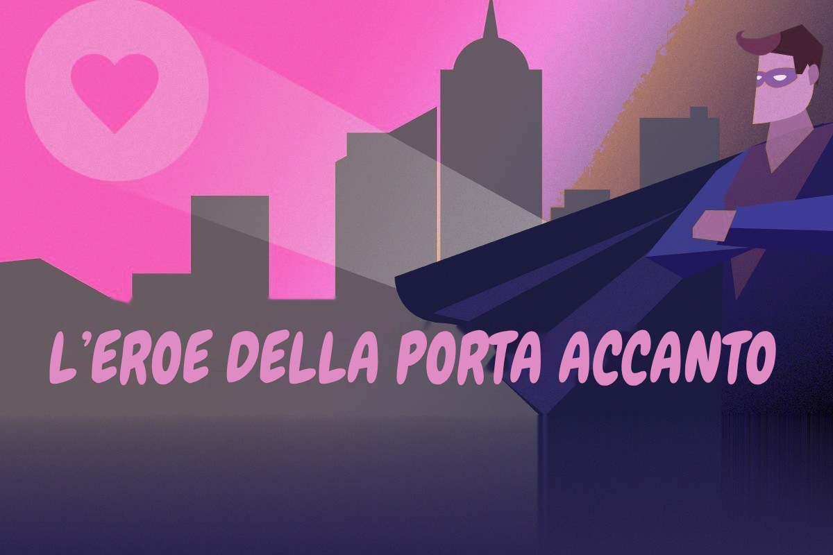 Illustrazione di un eroe mascherato con il mantello che osserva lo skyline di una città