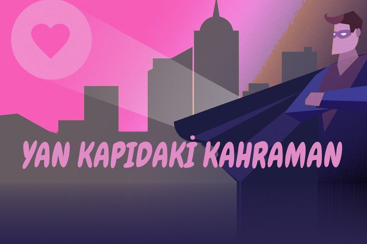 Pelerinli, maskeli bir kahramanın şehir silüetine baktığı illüstrasyon